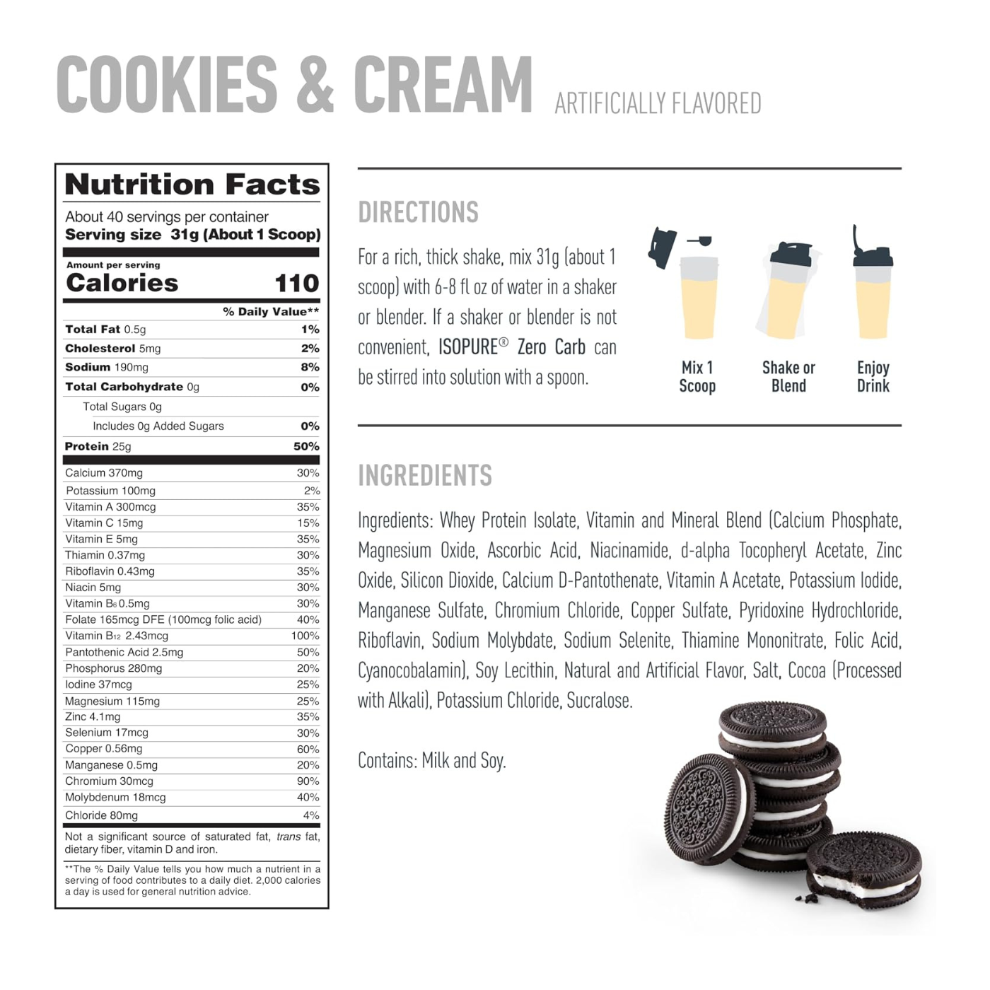ISOPURE Zero Carb sabor Cookies & Cream 3 lb
